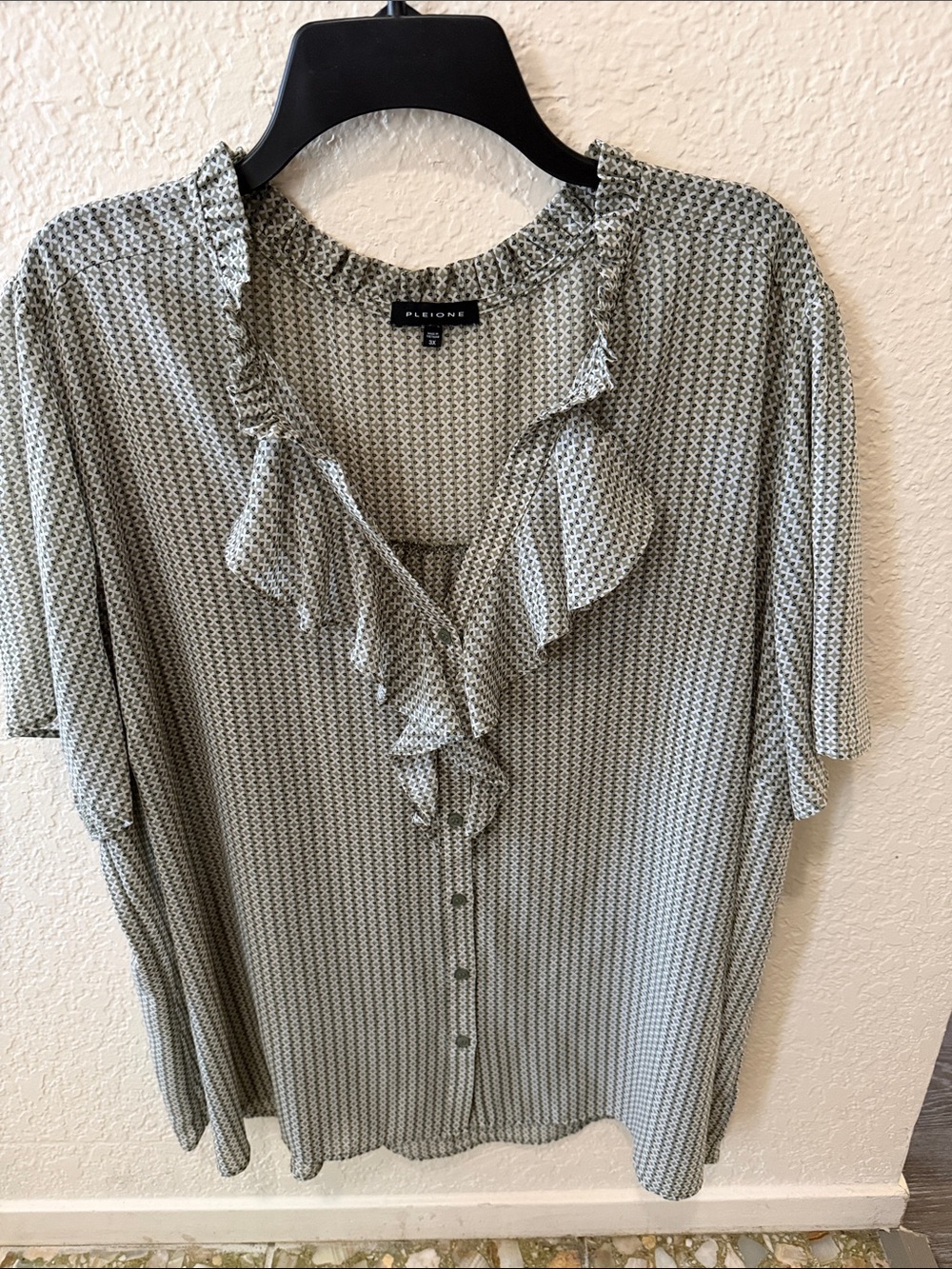 Pleione Light Sage Printed Ruffle Button-Front Blouse
